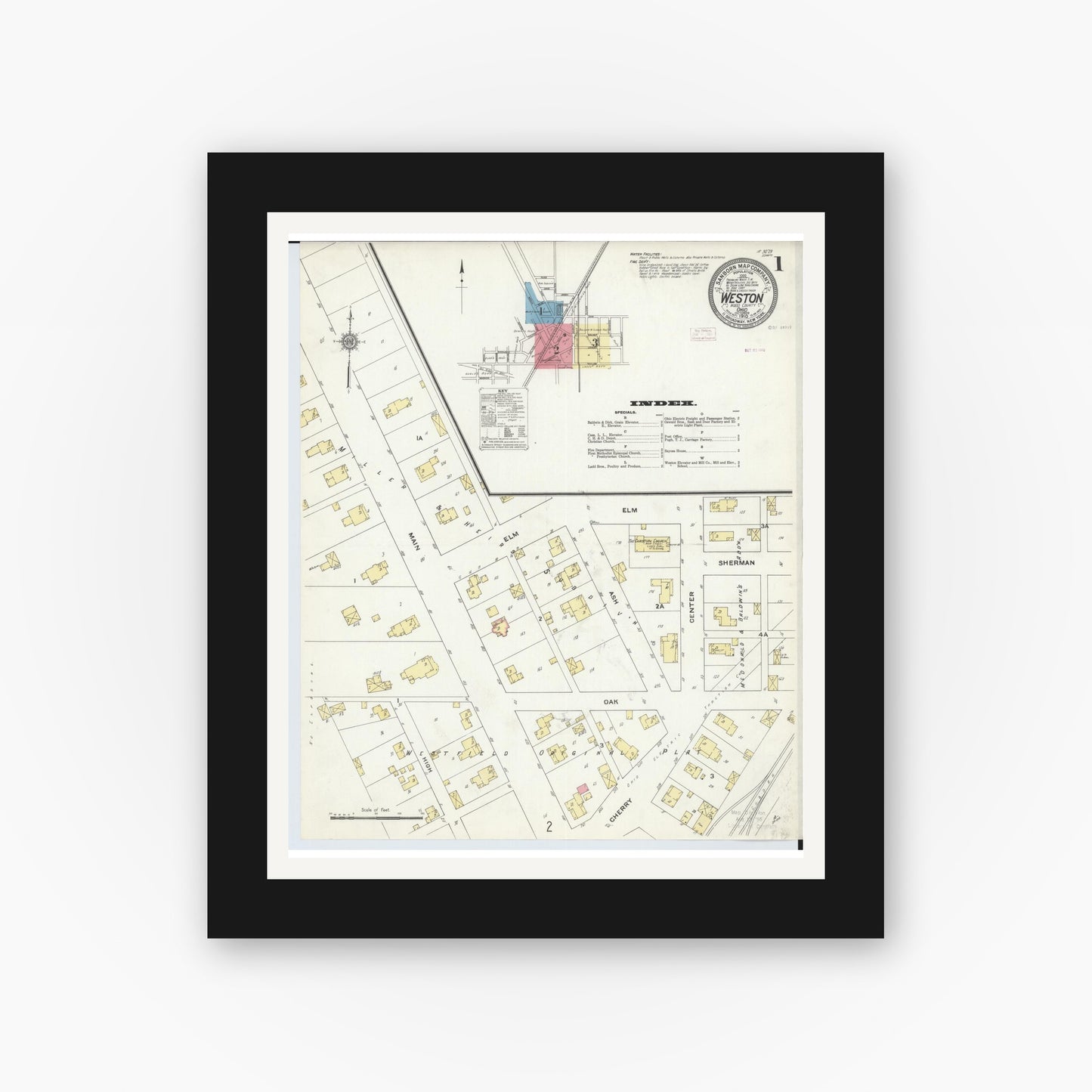 Old map wall art mockup — black gallery frame with white mat — Sanborn Fire Insurance Map from Weston, Wood County, Ohio (1910), Sheet #0001