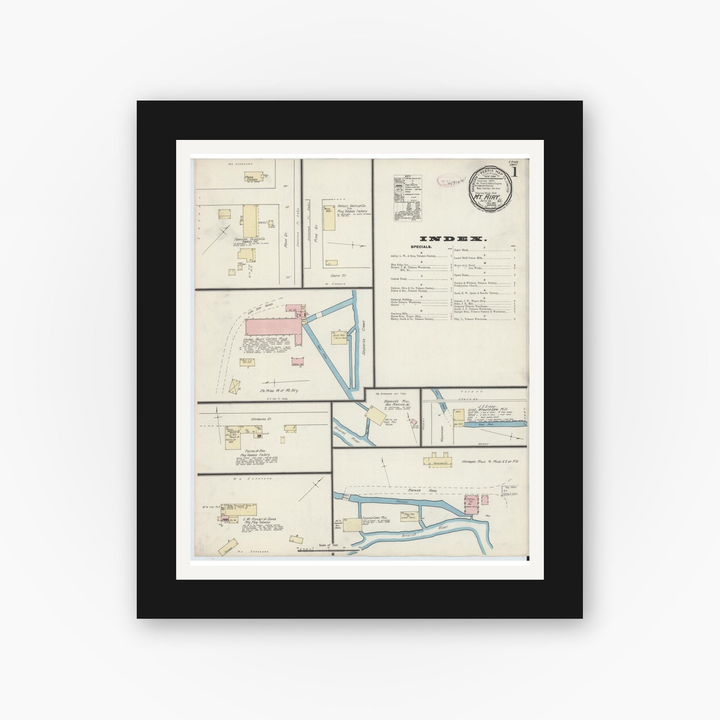 Old map wall art mockup — black gallery frame with white mat — Sanborn Fire Insurance Map from Mount Airy, Surry County, North Carolina (1891) - Complete Map Set