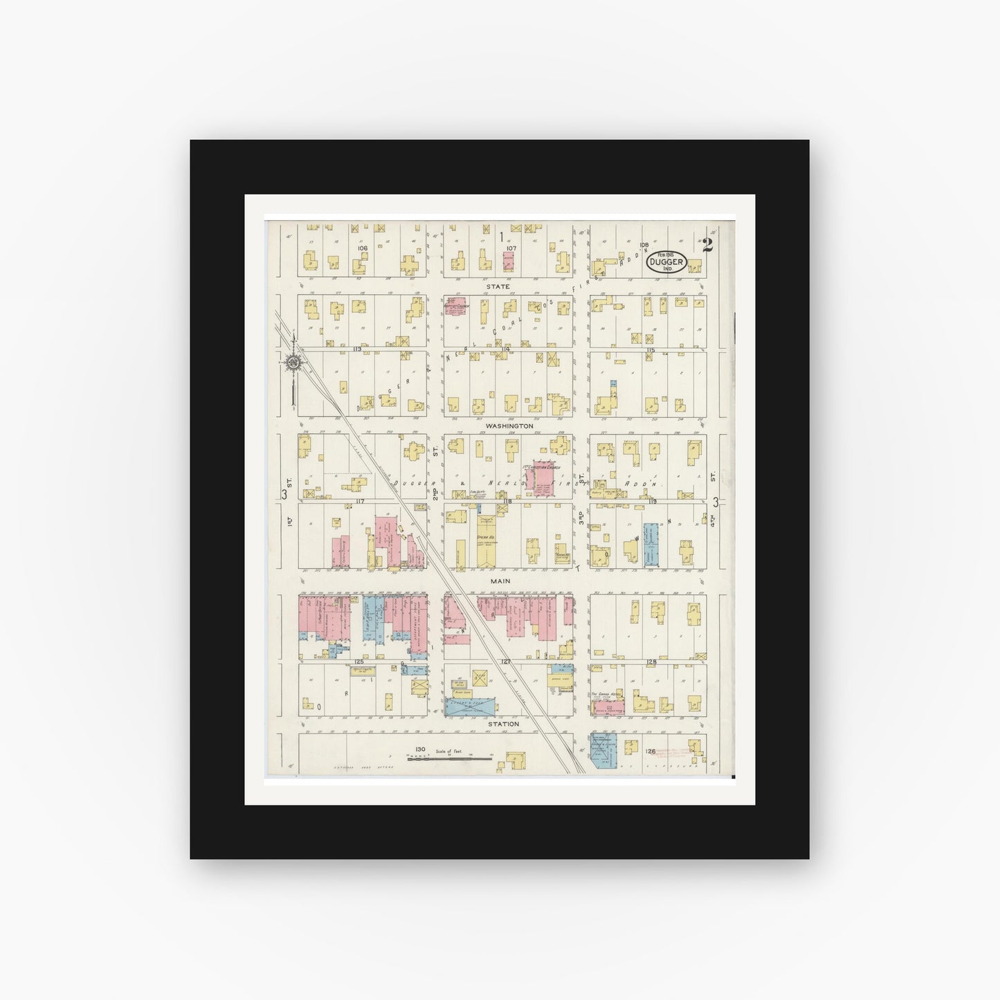 Old map wall art mockup — black gallery frame with white mat — Sanborn Fire Insurance Map from Dugger, Sullivan County, Indiana (1915), Sheet #0002