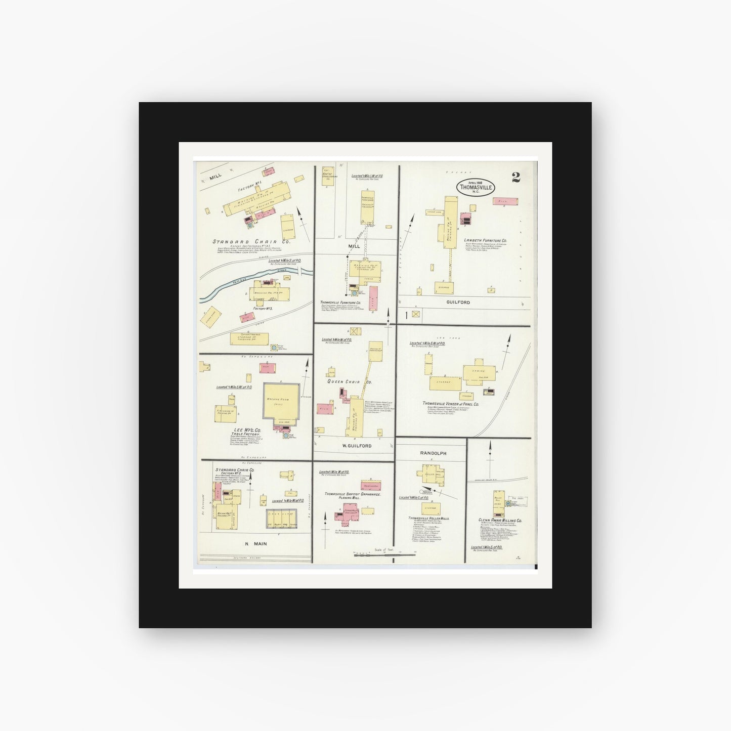 Old map wall art mockup — black gallery frame with white mat — Sanborn Fire Insurance Map from Thomasville, Davidson County, North Carolina (1908), Sheet #0002