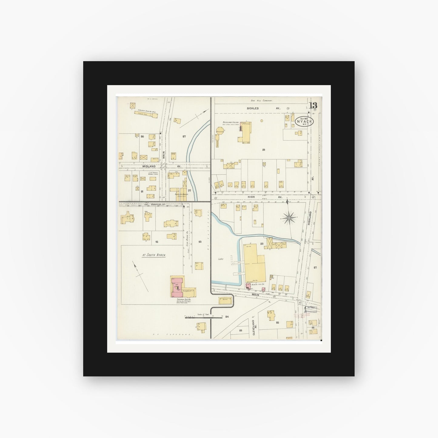 Old map wall art mockup — black gallery frame with white mat — Sanborn Fire Insurance Map from Nyack, Rockland County, New York. (1903), Sheet #0013
