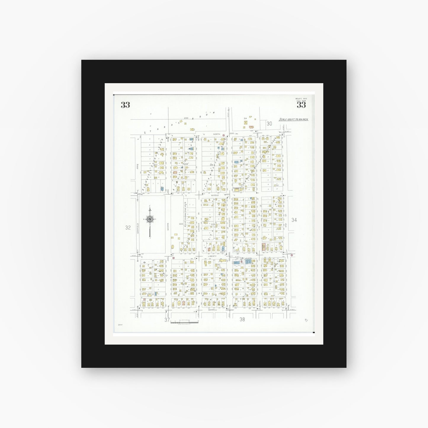 Old map wall art mockup — black gallery frame with white mat — Sanborn Fire Insurance Map from Beloit, Rock County, Wisconsin (1939), Sheet #0033
