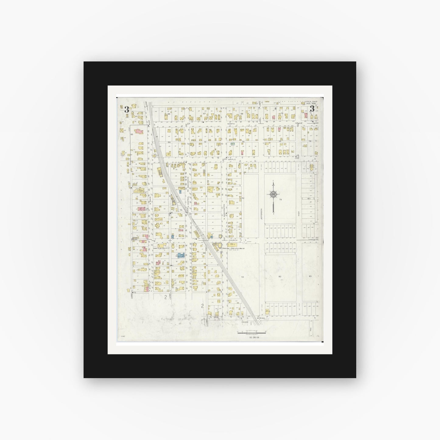 Old map wall art mockup — black gallery frame with white mat — Sanborn Fire Insurance Map from Utica, Licking County, Ohio (1936), Sheet #0003