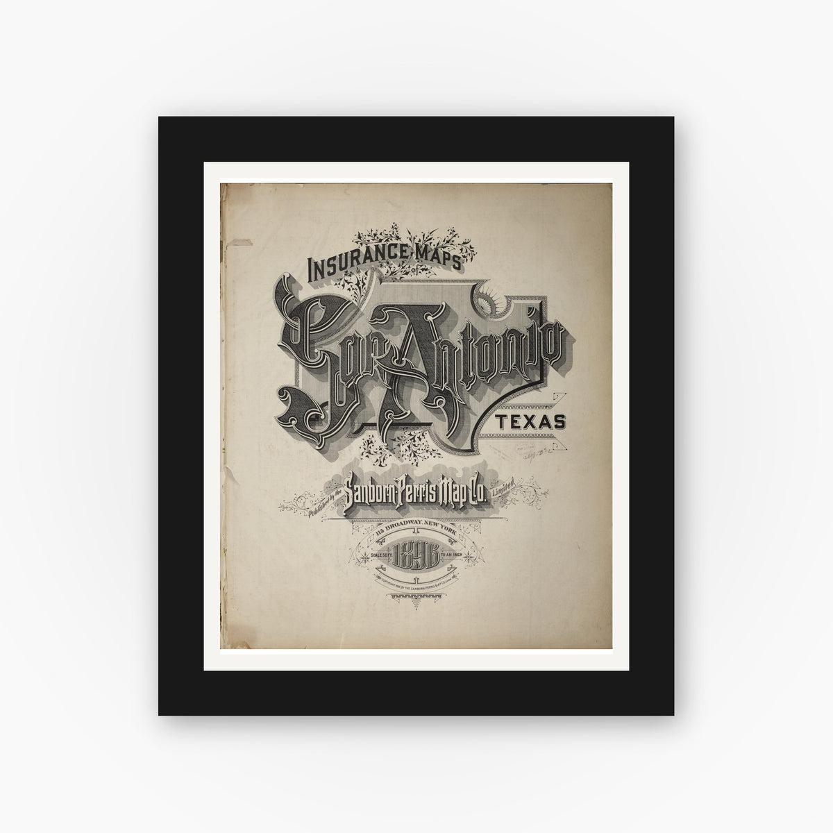 Old map wall art mockup — black gallery frame with white mat — Sanborn Fire Insurance Map from San Antonio, Bexar County, Texas (1896), Sheet #0001