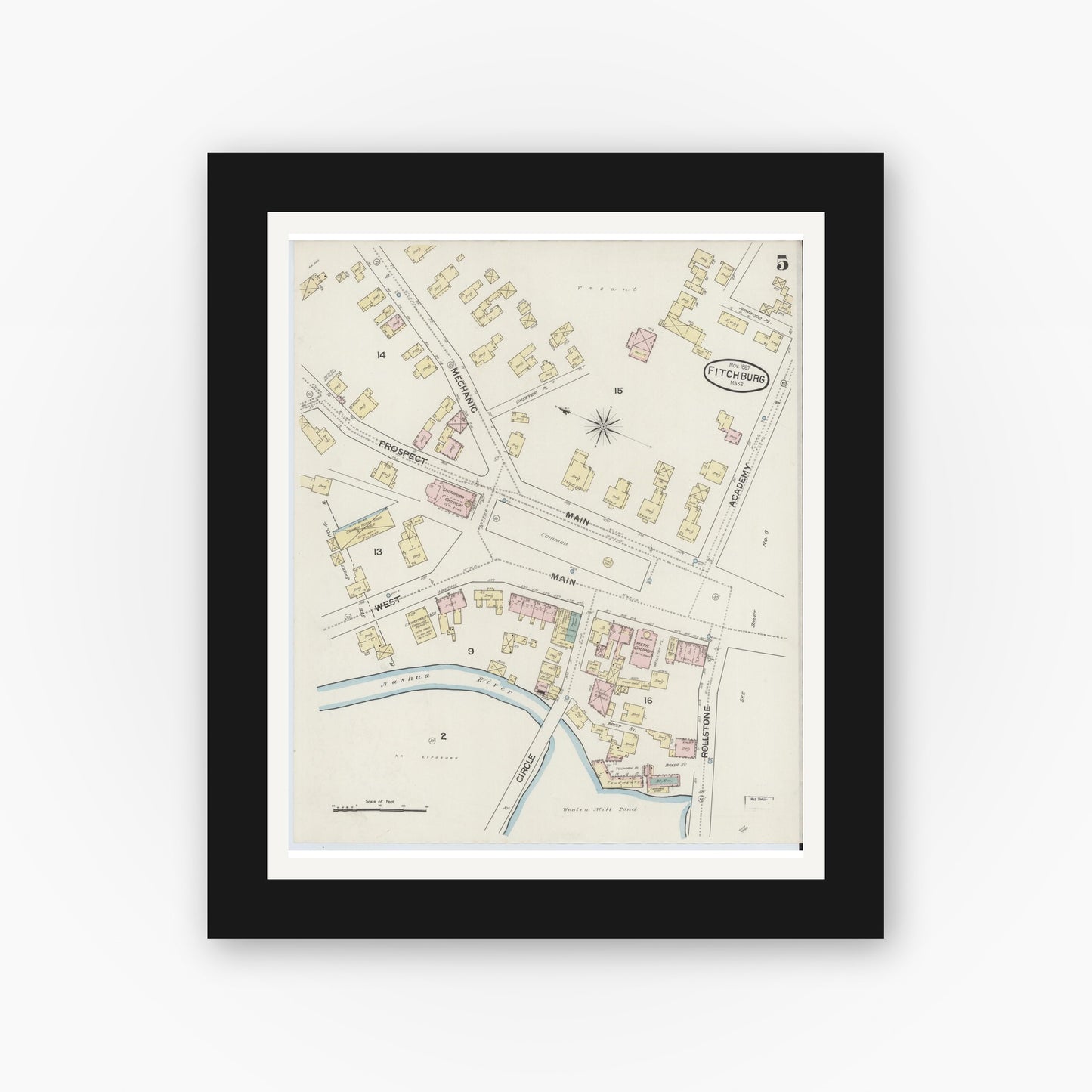 Old map wall art mockup β black gallery frame with white mat β Sanborn Fire Insurance Map from Fitchburg, Worcester County, Massachusetts (1887), Sheet #0005