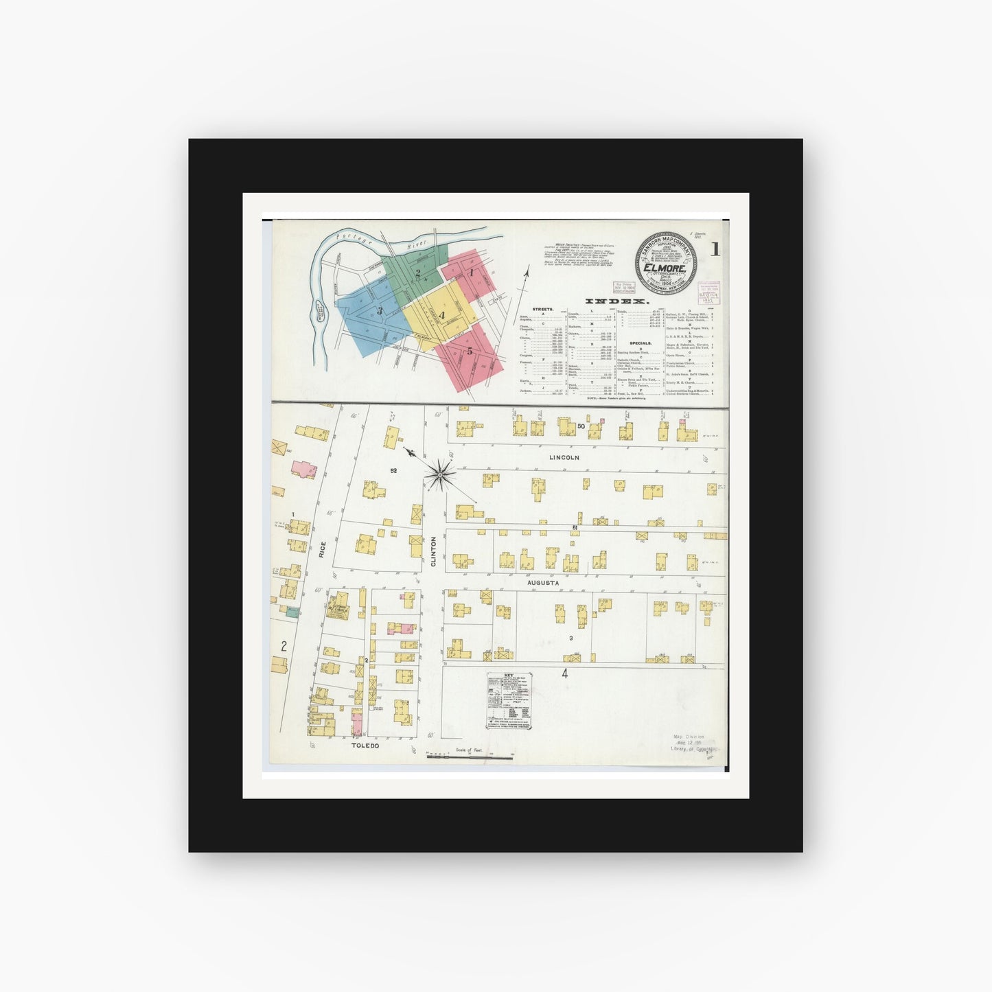 Old map wall art mockup — black gallery frame with white mat — Sanborn Fire Insurance Map from Elmore, Ottawa County, Ohio (1904), Sheet #0001