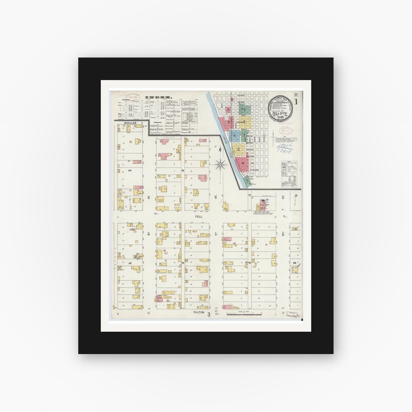 Old map wall art mockup — black gallery frame with white mat — Sanborn Fire Insurance Map from Tell City, Perry County, Indiana (1898) - Complete Map Set