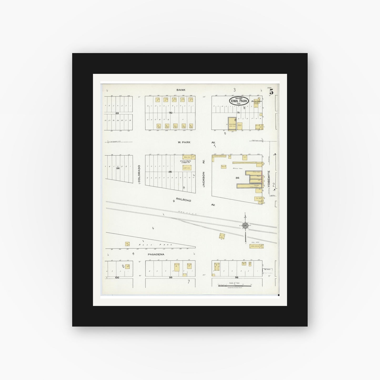 Old map wall art mockup — black gallery frame with white mat — Sanborn Fire Insurance Map from Iowa Park, Wichita County, Texas (1921), Sheet #0005