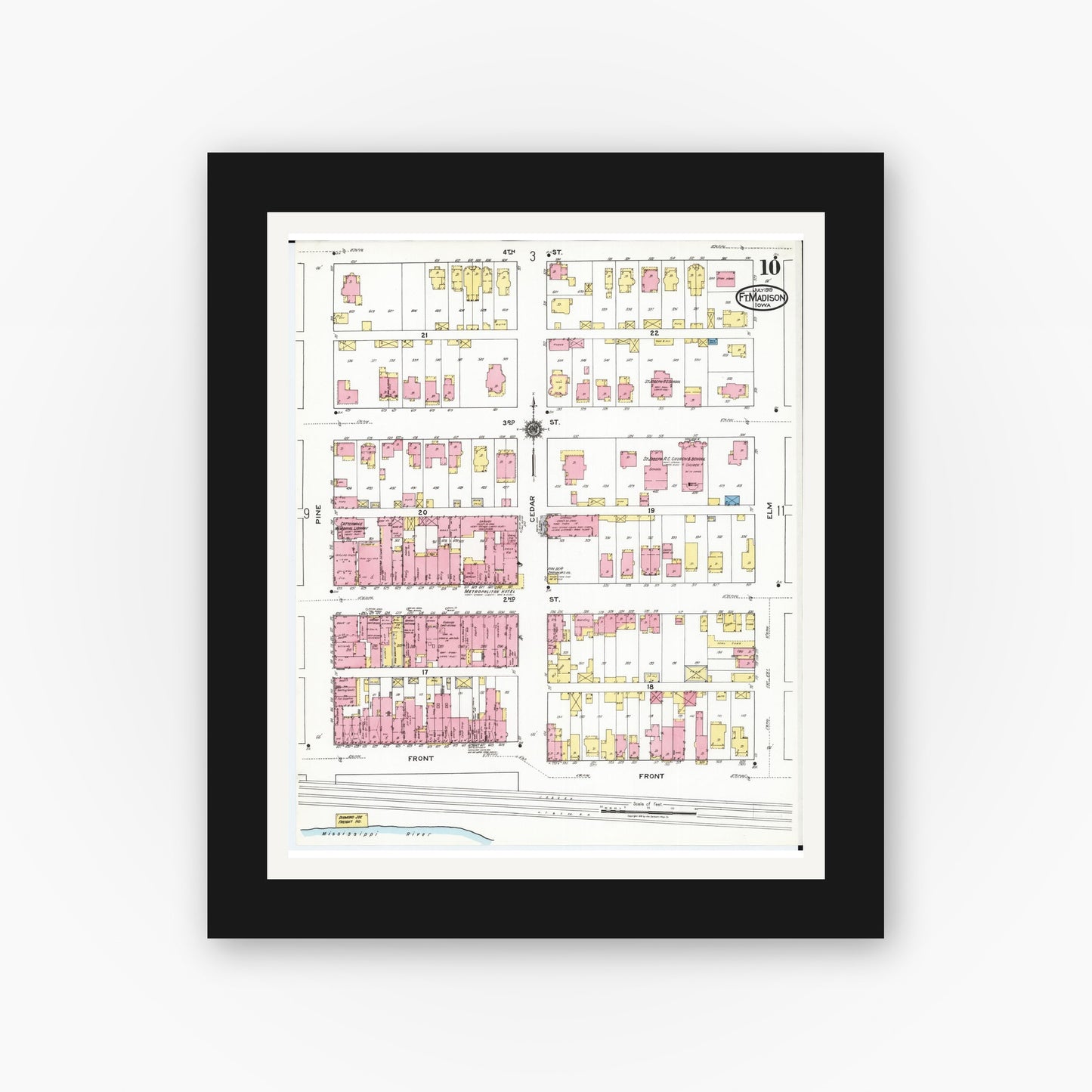 Old map wall art mockup — black gallery frame with white mat — Sanborn Fire Insurance Map from Fort Madison, Lee County, Iowa (1919), Sheet #0010