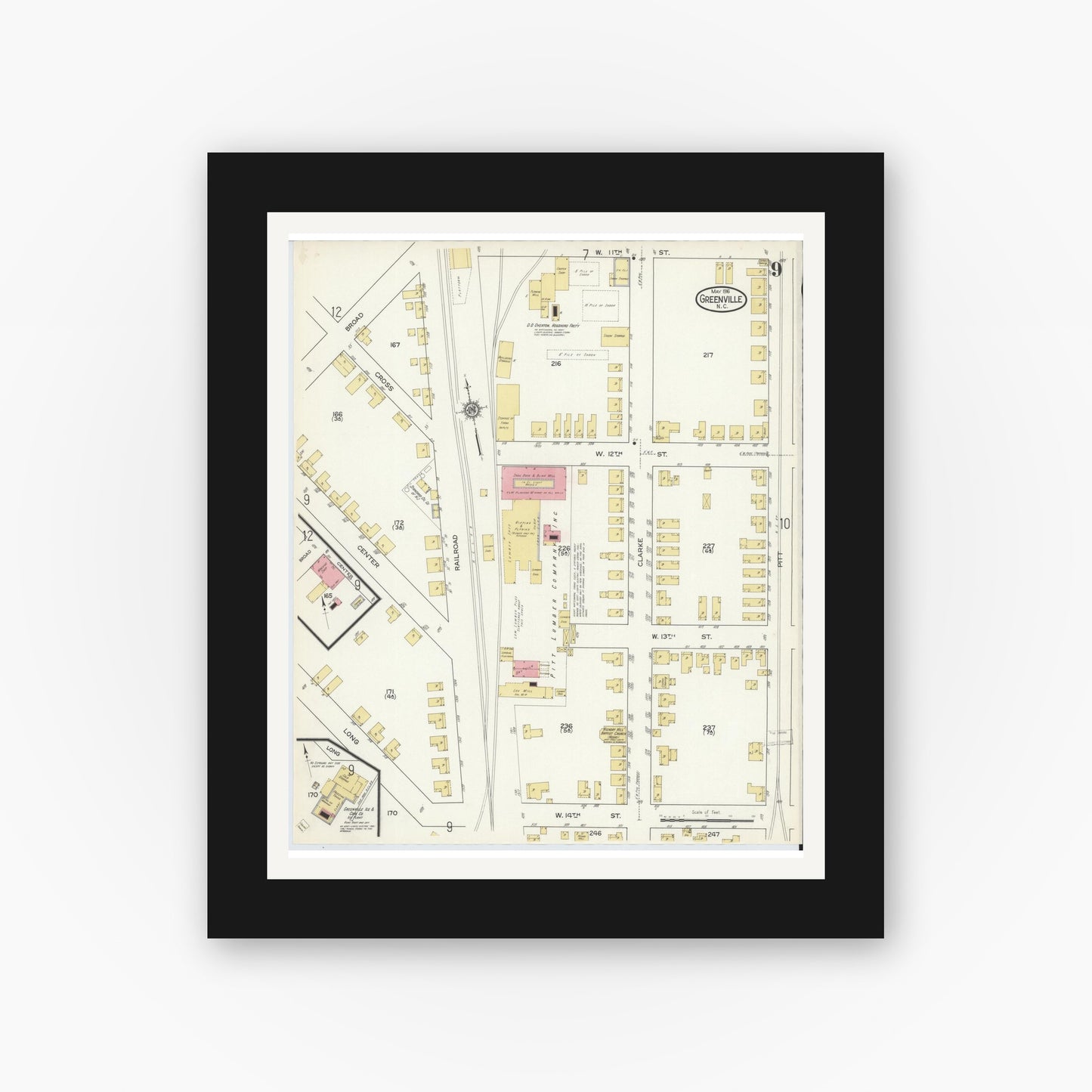 Old map wall art mockup — black gallery frame with white mat — Sanborn Fire Insurance Map from Greenville, Pitt County, North Carolina (1916), Sheet #0009