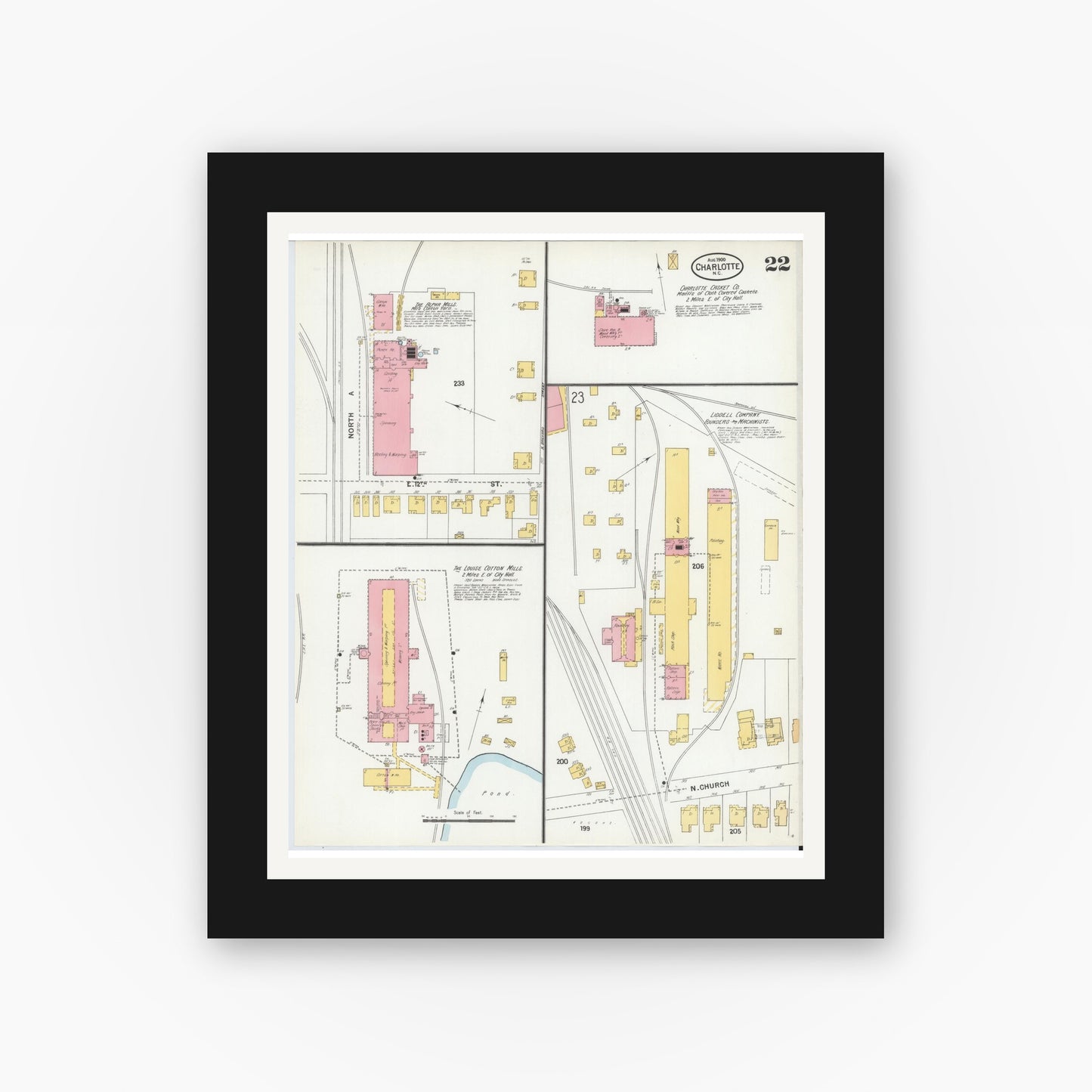 Old map wall art mockup — black gallery frame with white mat — Sanborn Fire Insurance Map from Charlotte, Mecklenburg County, North Carolina (1900), Sheet #0022