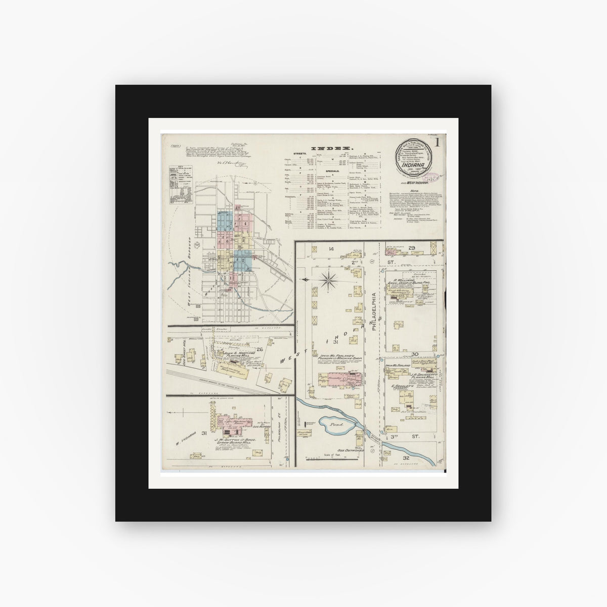 Old map wall art mockup — black gallery frame with white mat — Sanborn Fire Insurance Map from Indiana, Indiana County, Pennsylvania (1887) - Complete Map Set