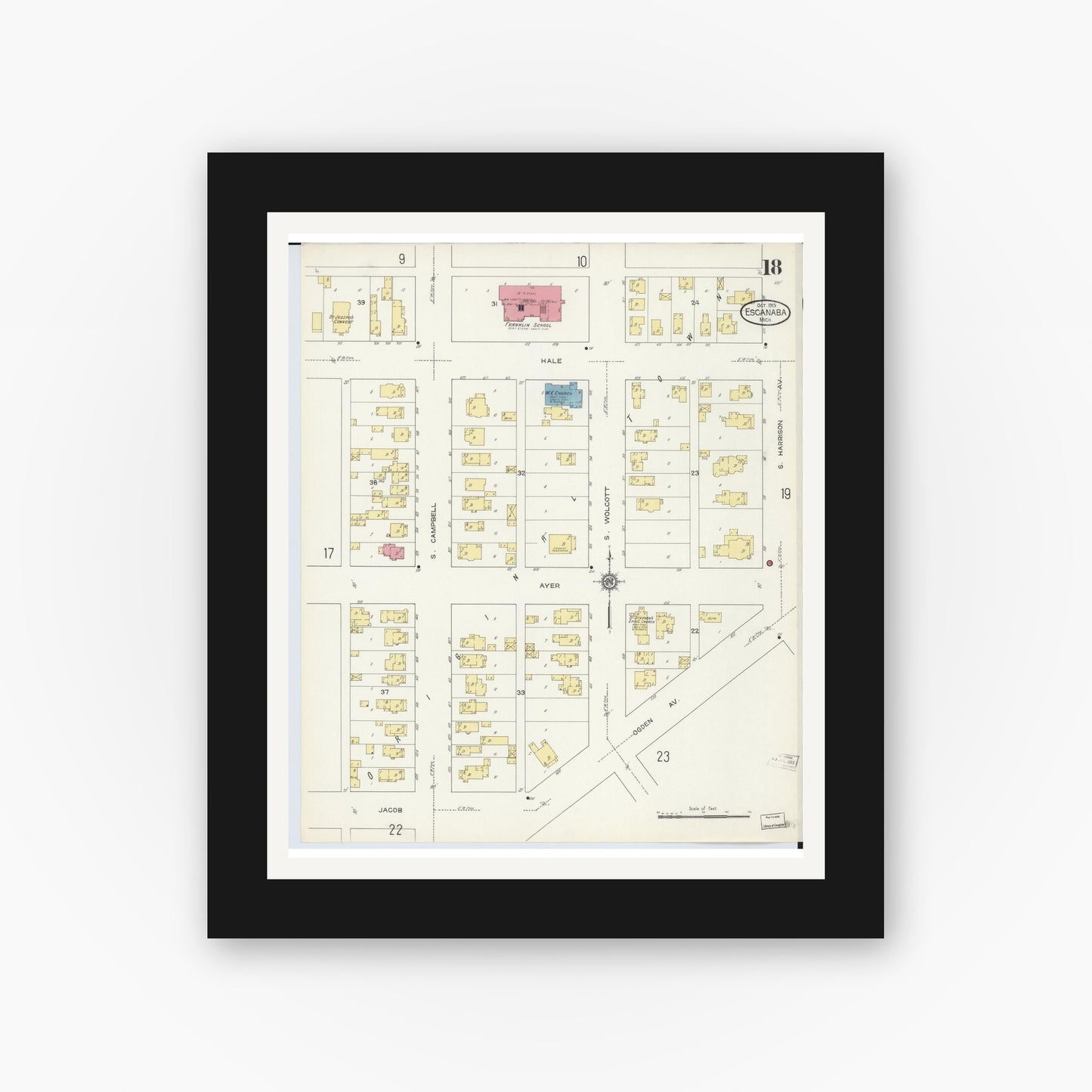 Old map wall art mockup — black gallery frame with white mat — Sanborn Fire Insurance Map from Escanaba, Delta County, Michigan (1913), Sheet #0018
