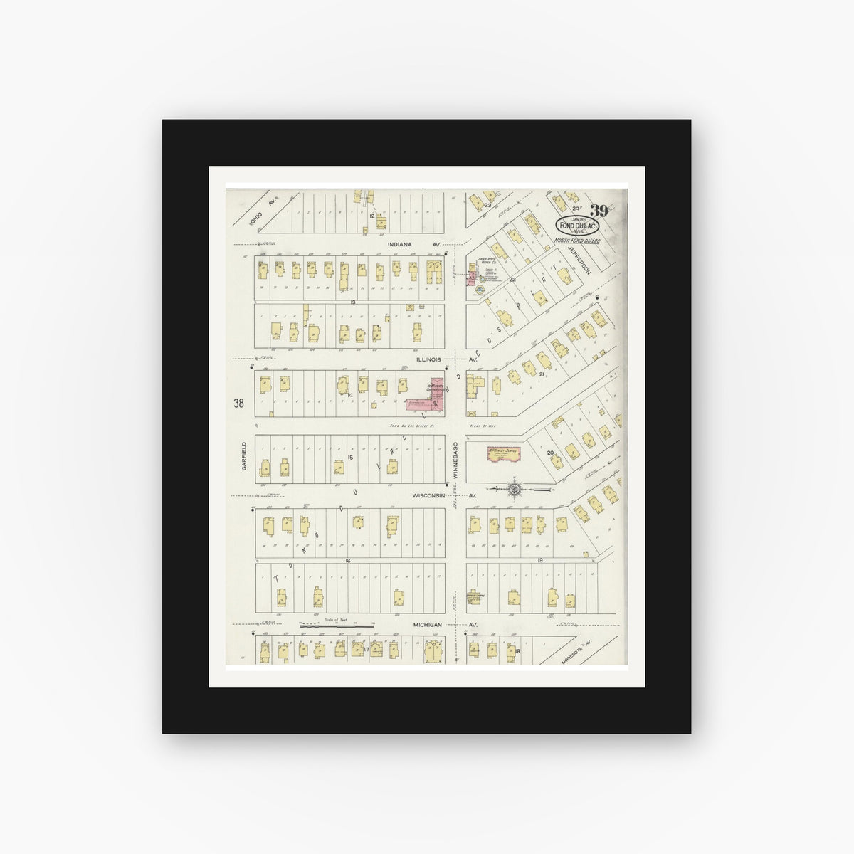 Old map wall art mockup — black gallery frame with white mat — Sanborn Fire Insurance Map from Fond du Lac, Fond du Lac County, Wisconsin (1915), Sheet #0039
