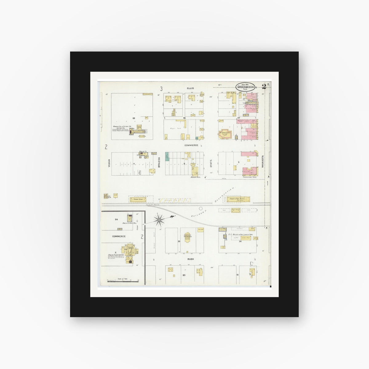 Old map wall art mockup — black gallery frame with white mat — Sanborn Fire Insurance Map from Groesbeck, Limestone County, Texas (1906), Sheet #0002
