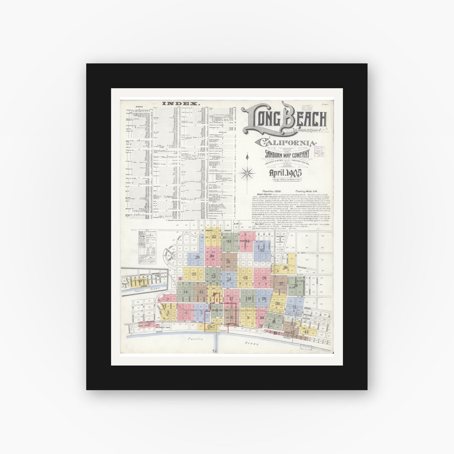 Old map wall art mockup — black gallery frame with white mat — Sanborn Fire Insurance Map from Long Beach, Los Angeles County, California (1905) - Complete Map Set