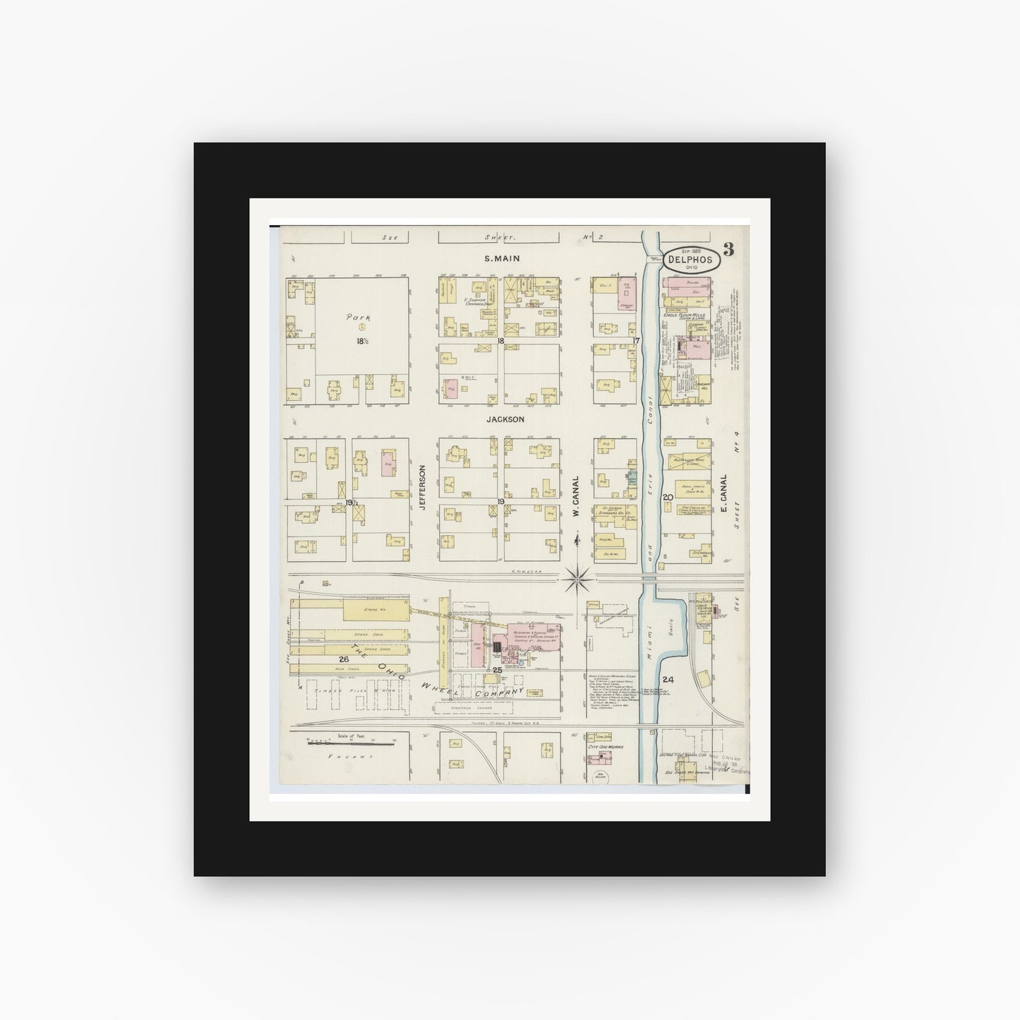 Old map wall art mockup — black gallery frame with white mat — Sanborn Fire Insurance Map from Delphos, Van Wert And Allen Counties, Ohio (1888), Sheet #0003