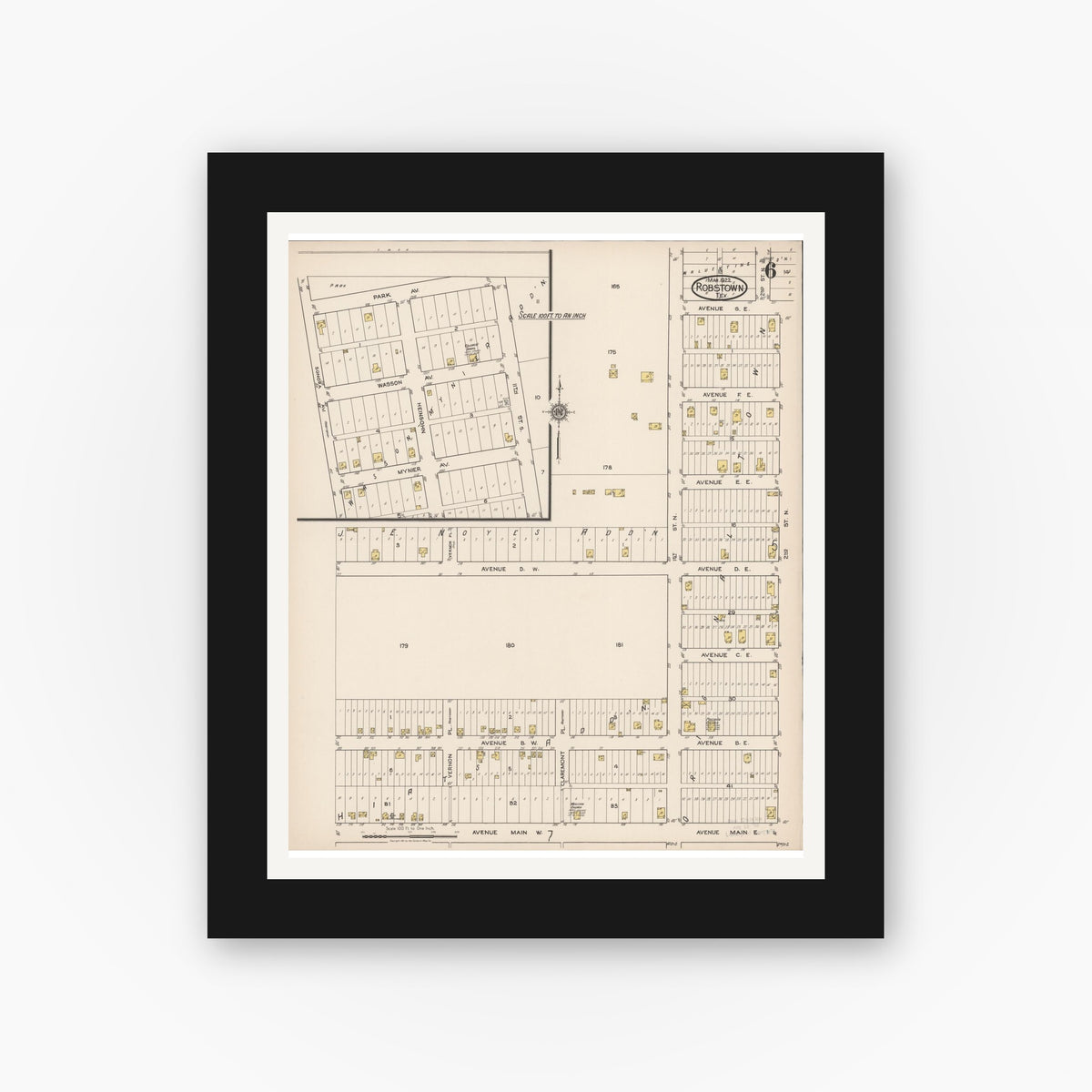 Old map wall art mockup — black gallery frame with white mat — Sanborn Fire Insurance Map from Robstown, Nueces County, Texas (1922), Sheet #0006