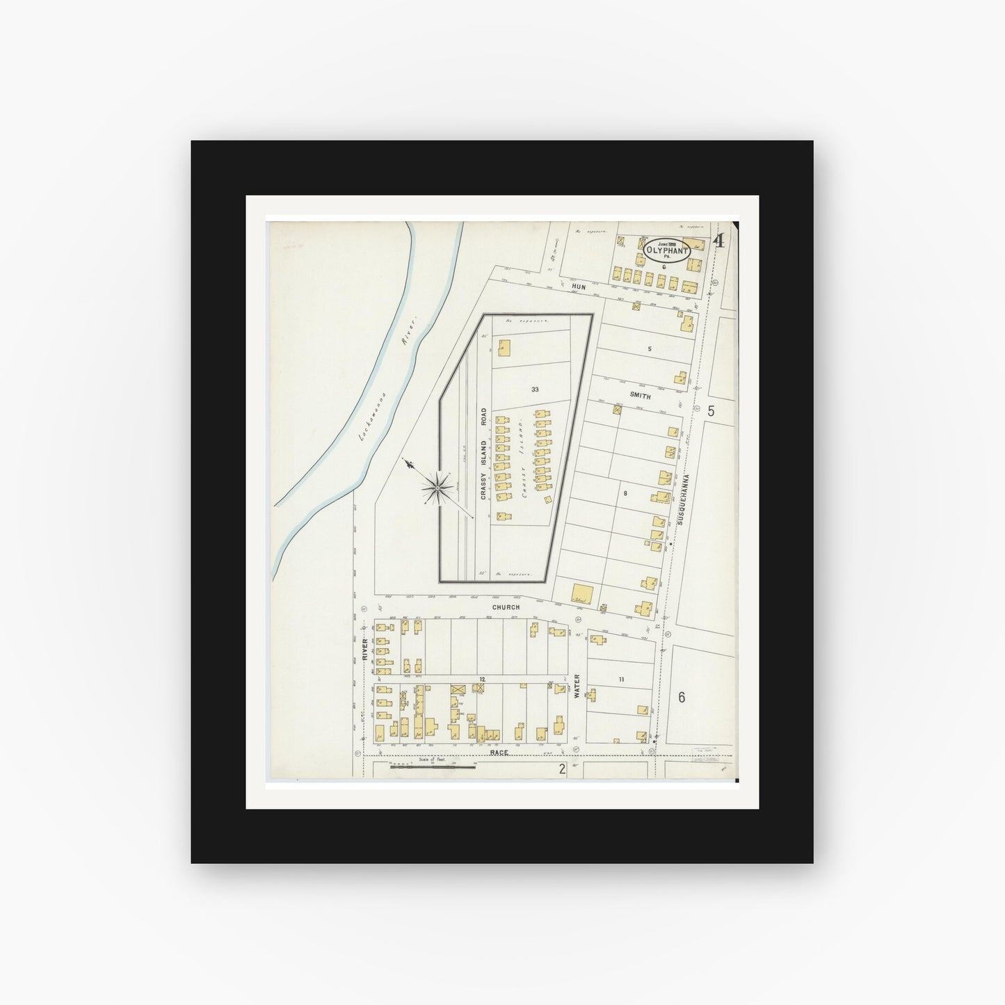 Old map wall art mockup — black gallery frame with white mat — Sanborn Fire Insurance Map from Olyphant, Lackawanna County, Pennsylvania (1898), Sheet #0004