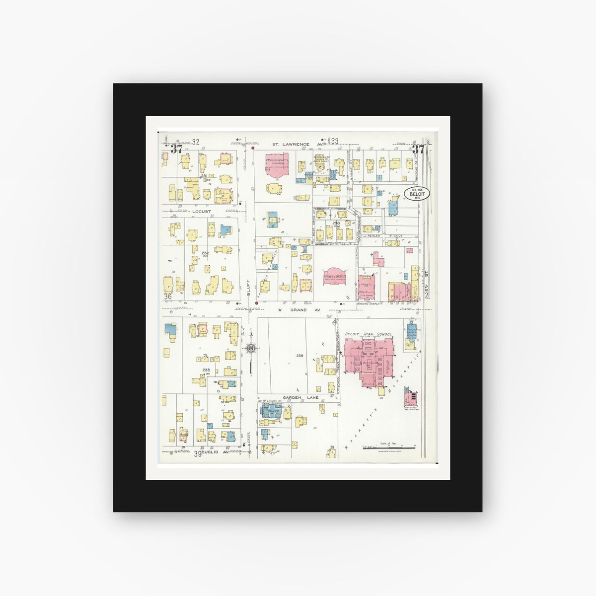 Old map wall art mockup — black gallery frame with white mat — Sanborn Fire Insurance Map from Beloit, Rock County, Wisconsin (1926), Sheet #0037