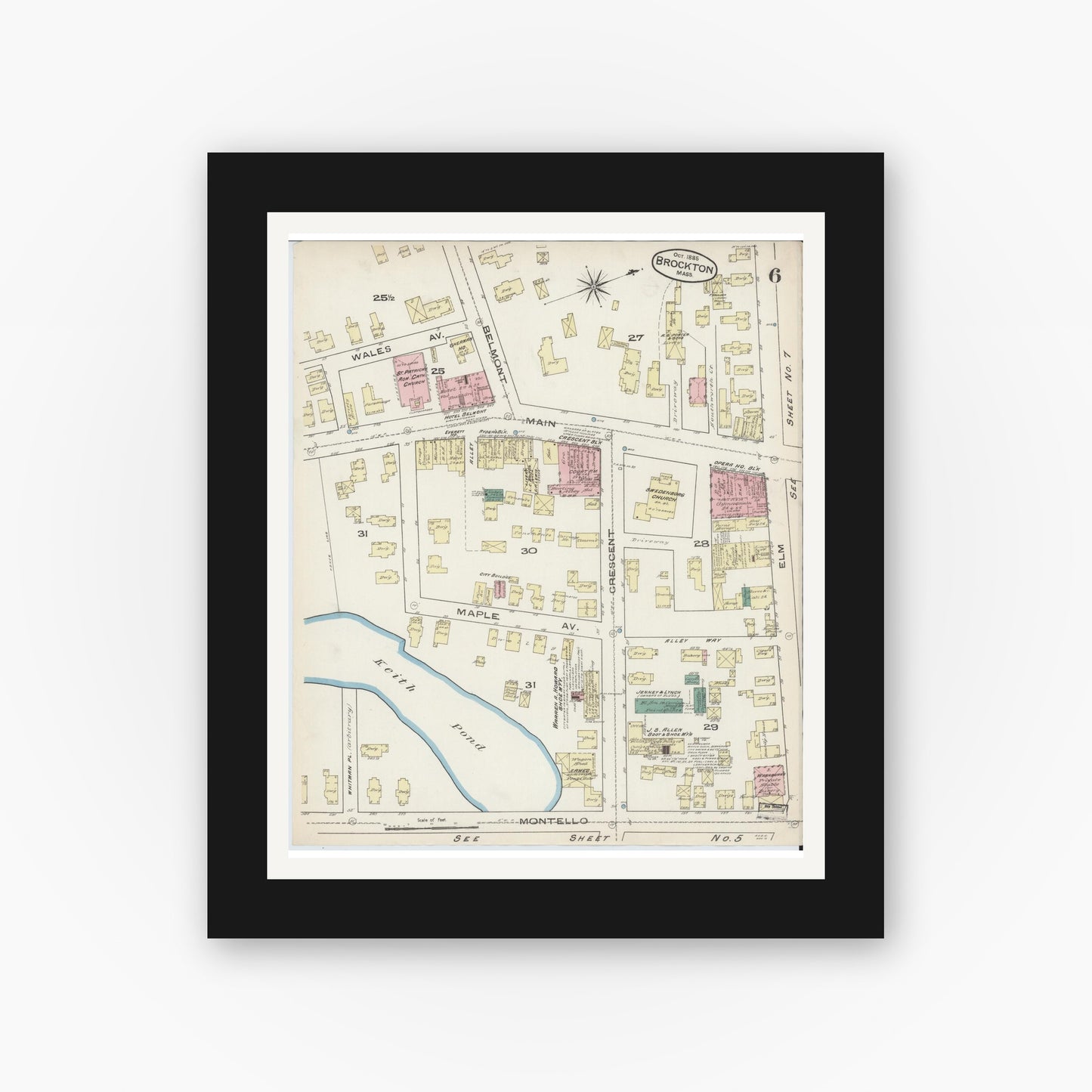 Old map wall art mockup — black gallery frame with white mat — Sanborn Fire Insurance Map from Brockton, Plymouth County, Massachusetts (1885), Sheet #0006