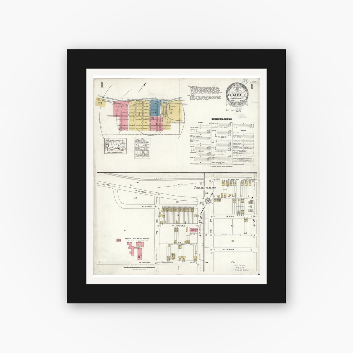 Old map wall art mockup — black gallery frame with white mat — Sanborn Fire Insurance Map from Coaldale, Schuylkill County, Pennsylvania (1923), Sheet #0001