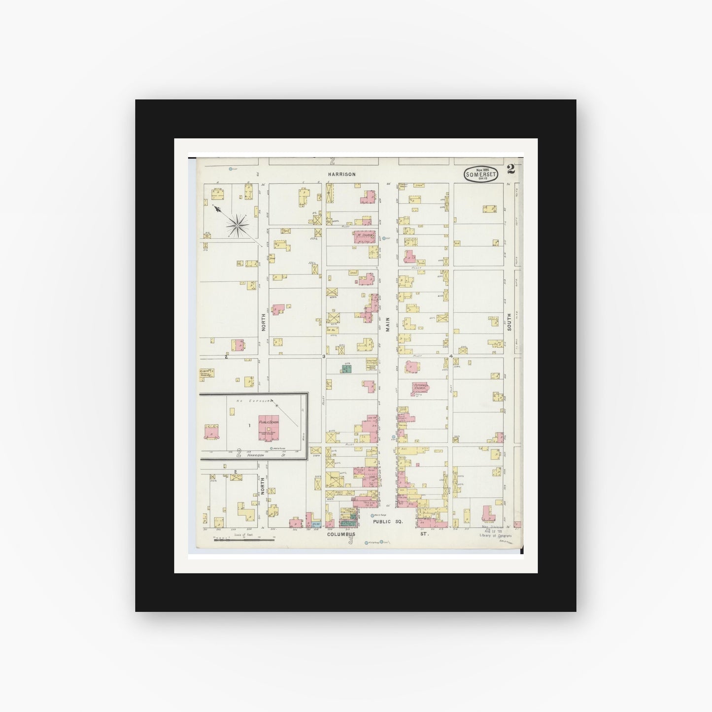 Old map wall art mockup — black gallery frame with white mat — Sanborn Fire Insurance Map from Somerset, Perry County, Ohio (1895), Sheet #0002
