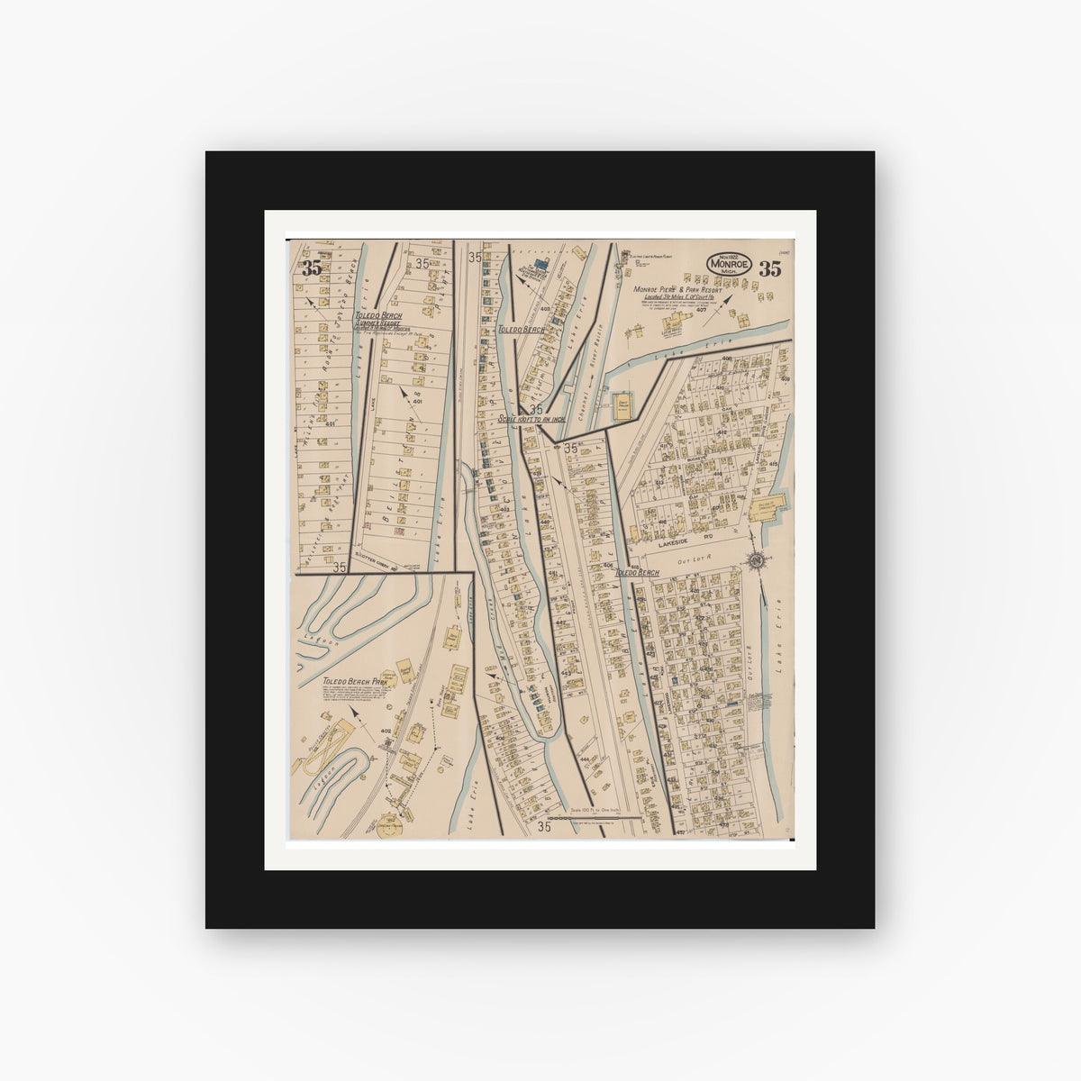 Old map wall art mockup — black gallery frame with white mat — Sanborn Fire Insurance Map from Monroe, Monroe County, Michigan (1922), Sheet #0035