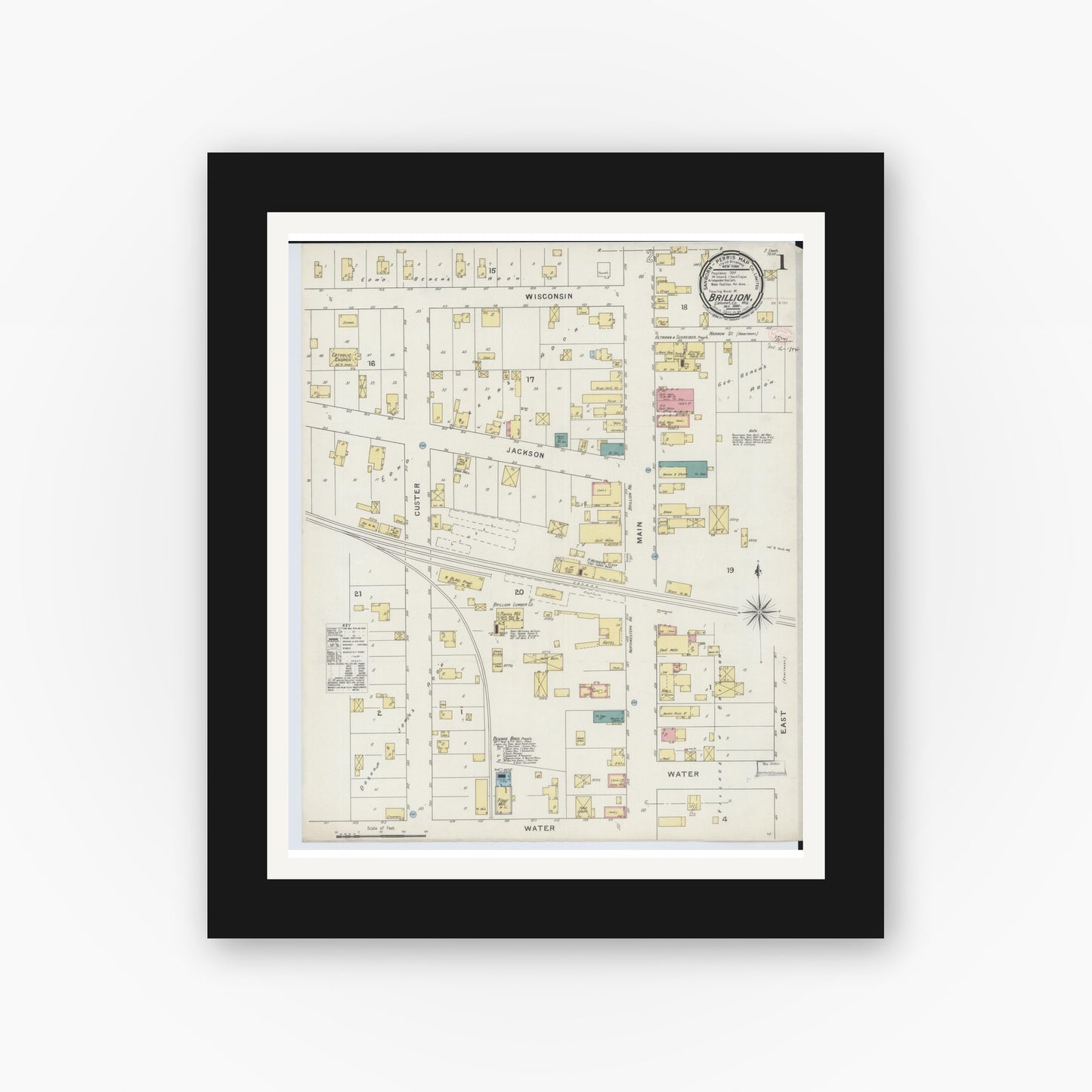 Old map wall art mockup — black gallery frame with white mat — Sanborn Fire Insurance Map from Brillion, Calumet County, Wisconsin (1894) - Complete Map Set