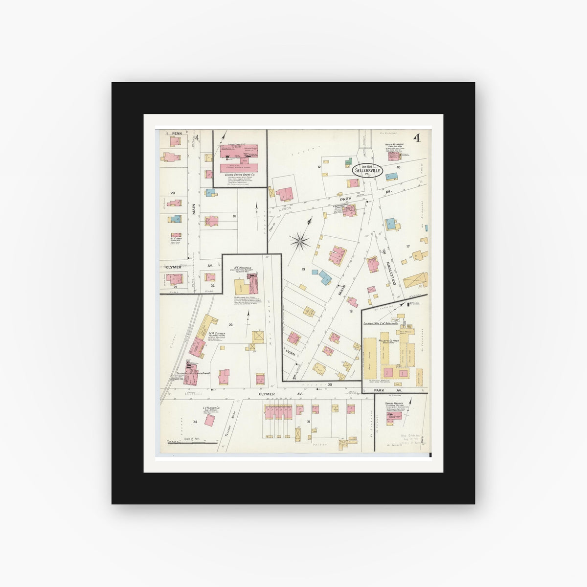 Old map wall art mockup — black gallery frame with white mat — Sanborn Fire Insurance Map from Sellersville, Bucks County, Pennsylvania (1908), Sheet #0004