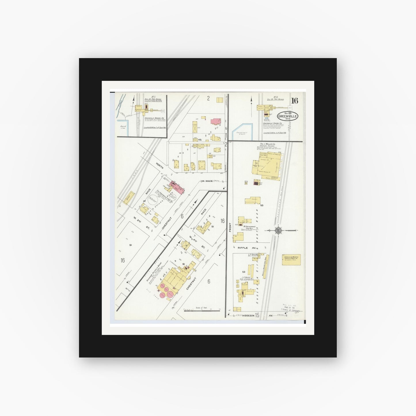 Old map wall art mockup — black gallery frame with white mat — Sanborn Fire Insurance Map from Greenville, Darke County, Ohio (1910), Sheet #0016