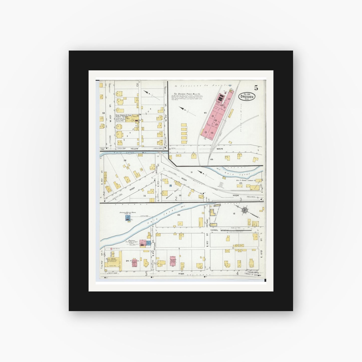 Old map wall art mockup — black gallery frame with white mat — Sanborn Fire Insurance Map from Dresden, Muskingum County, Ohio (1918), Sheet #0005