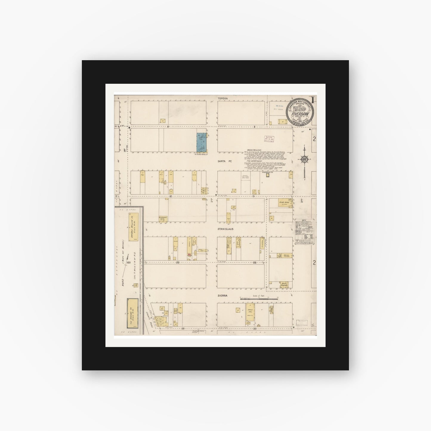 Old map wall art mockup — black gallery frame with white mat — Sanborn Fire Insurance Map from Riverbank, Stanislaus County, California (1914) - Complete Map Set