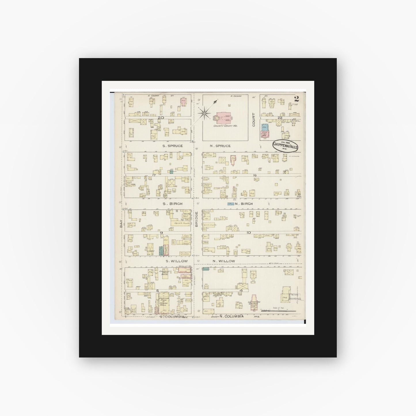 Old map wall art mockup — black gallery frame with white mat — Sanborn Fire Insurance Map from Chippewa Falls, Chippewa County, Wisconsin (1886), Sheet #0002