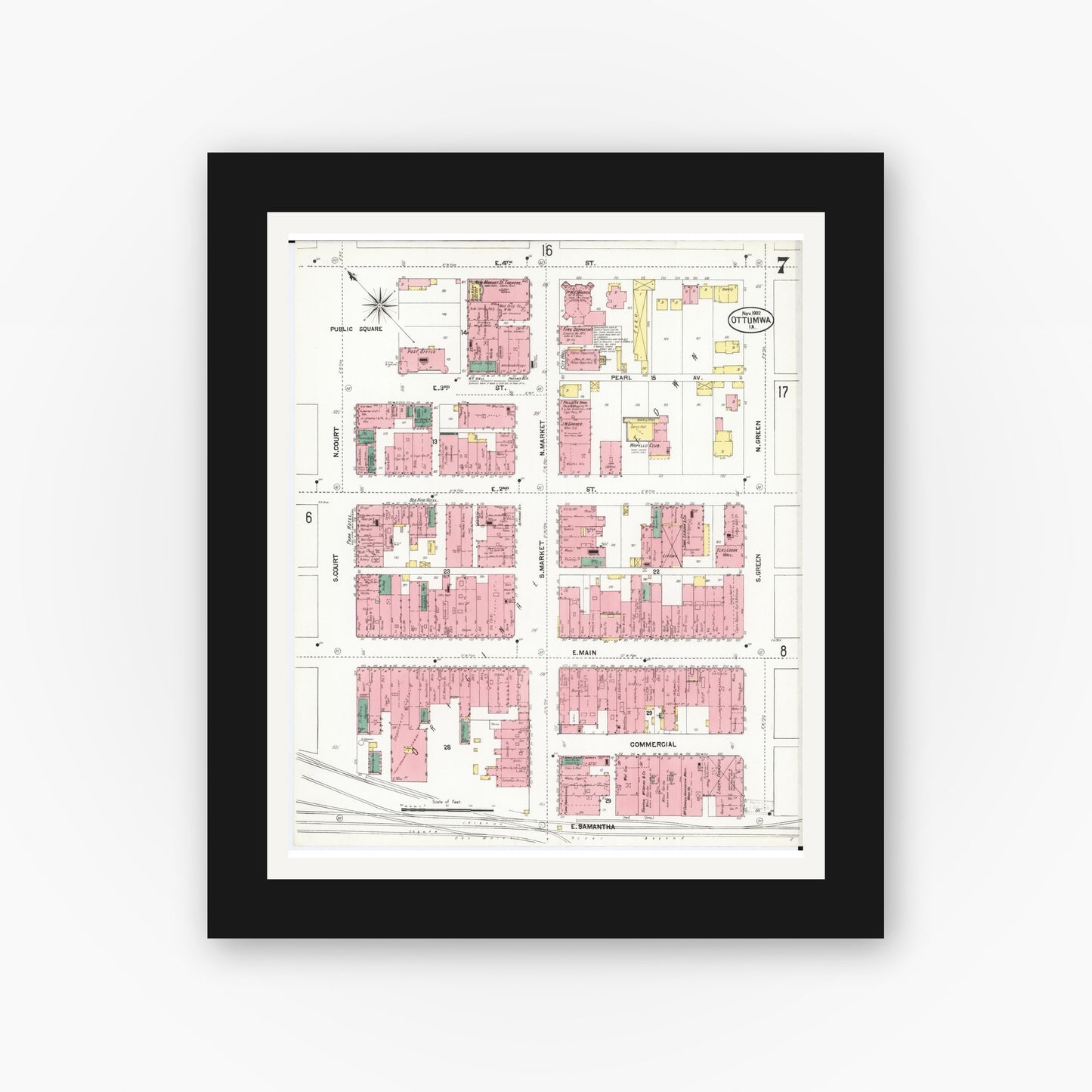 Old map wall art mockup β black gallery frame with white mat β Sanborn Fire Insurance Map from Ottumwa, Wapello County, Iowa (1902), Sheet #0007