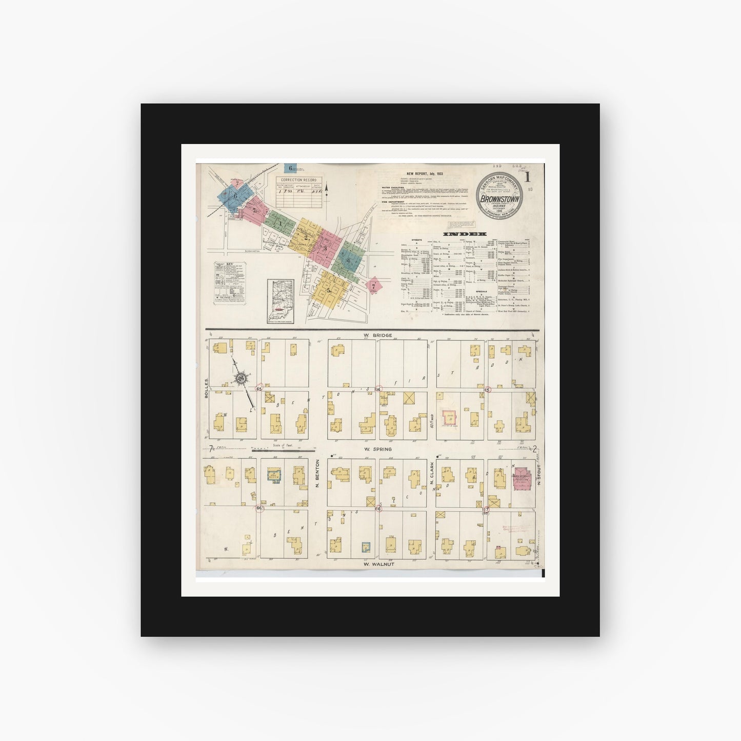 Old map wall art mockup — black gallery frame with white mat — Sanborn Fire Insurance Map from Brownstown, Jackson County, Indiana (1933) - Complete Map Set