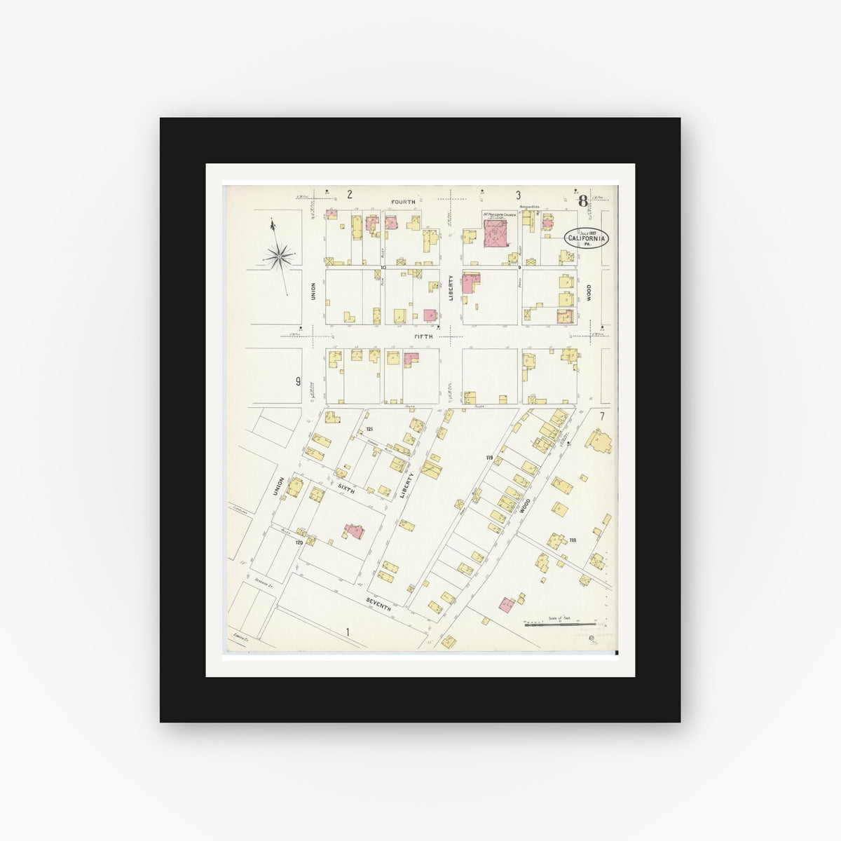 Old map wall art mockup — black gallery frame with white mat — Sanborn Fire Insurance Map from California, Washington County, Pennsylvania (1907), Sheet #0008