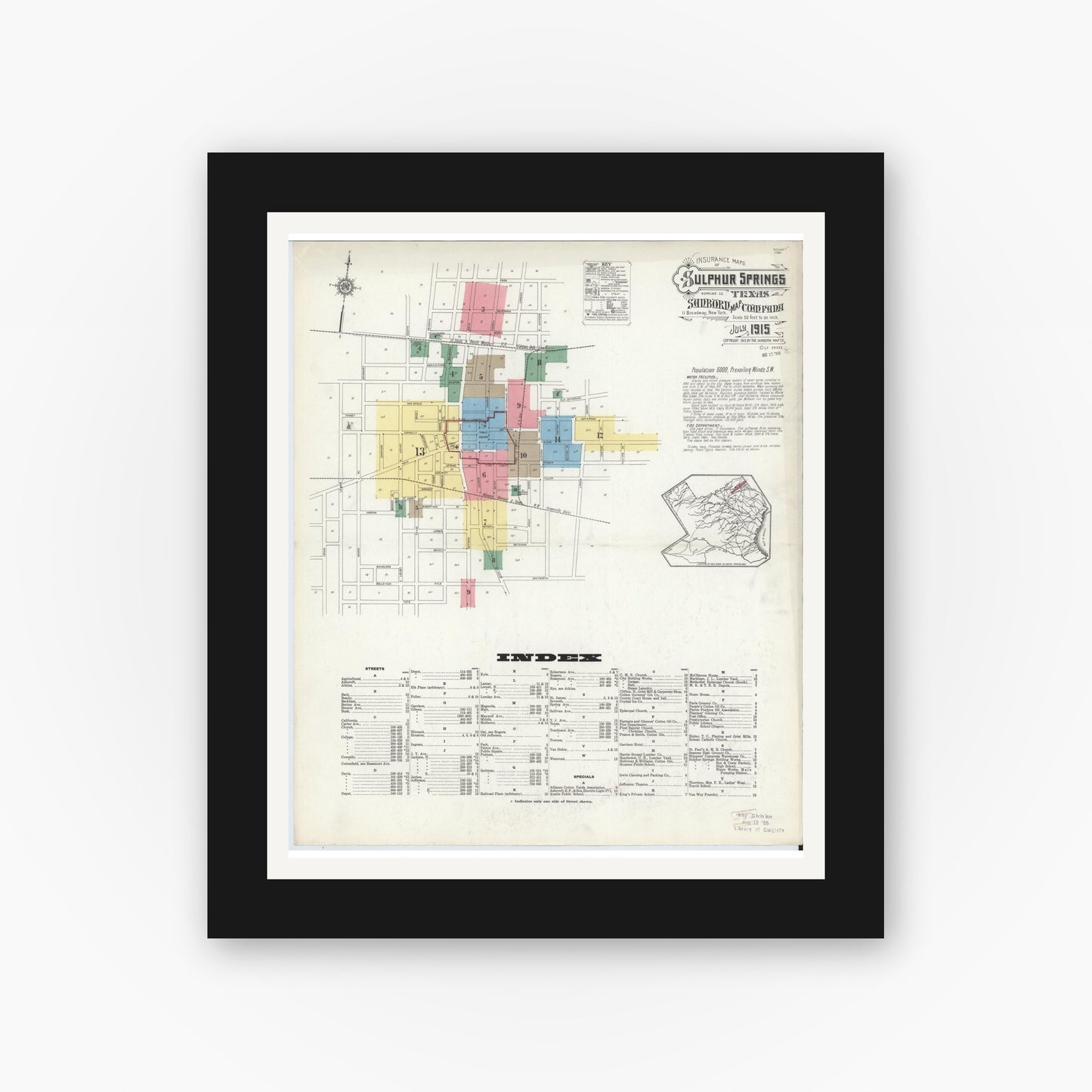 Old map wall art mockup — black gallery frame with white mat — Sanborn Fire Insurance Map from Sulphur Springs, Hopkins County, Texas (1915) - Complete Map Set