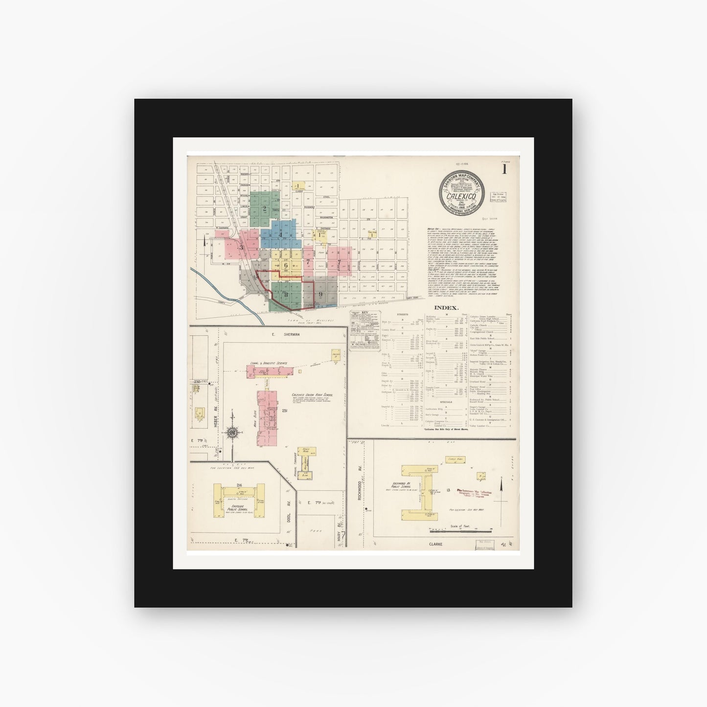 Old map wall art mockup — black gallery frame with white mat — Sanborn Fire Insurance Map from Calexico, Imperial County, California (1916) - Complete Map Set