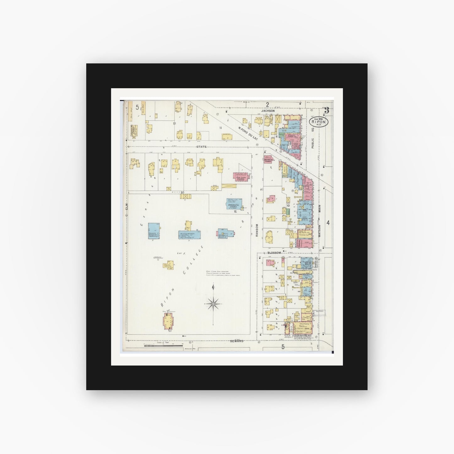 Old map wall art mockup — black gallery frame with white mat — Sanborn Fire Insurance Map from Ripon, Fond du Lac County, Wisconsin (1898), Sheet #0003