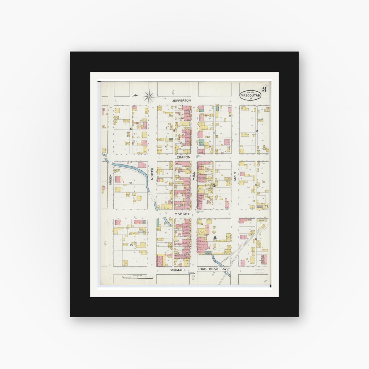 Old map wall art mockup — black gallery frame with white mat — Sanborn Fire Insurance Map from Mascoutah, Saint Clair County, Illinois (1894), Sheet #0003