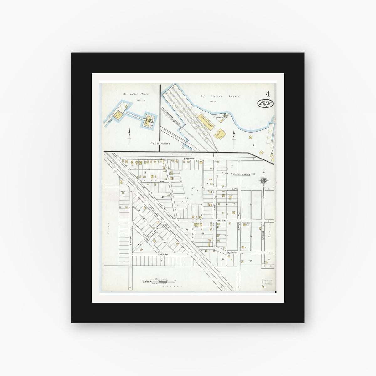 Old map wall art mockup — black gallery frame with white mat — Sanborn Fire Insurance Map from Stuart, Martin County, Florida (1920), Sheet #0004