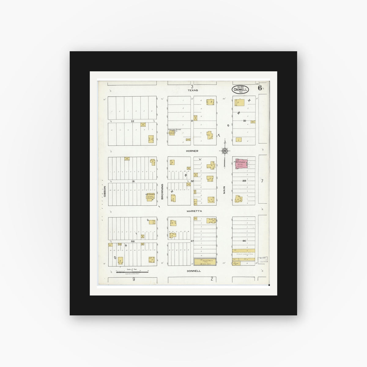 Old map wall art mockup — black gallery frame with white mat — Sanborn Fire Insurance Map from Crowell, Foard County, Texas (1921), Sheet #0006