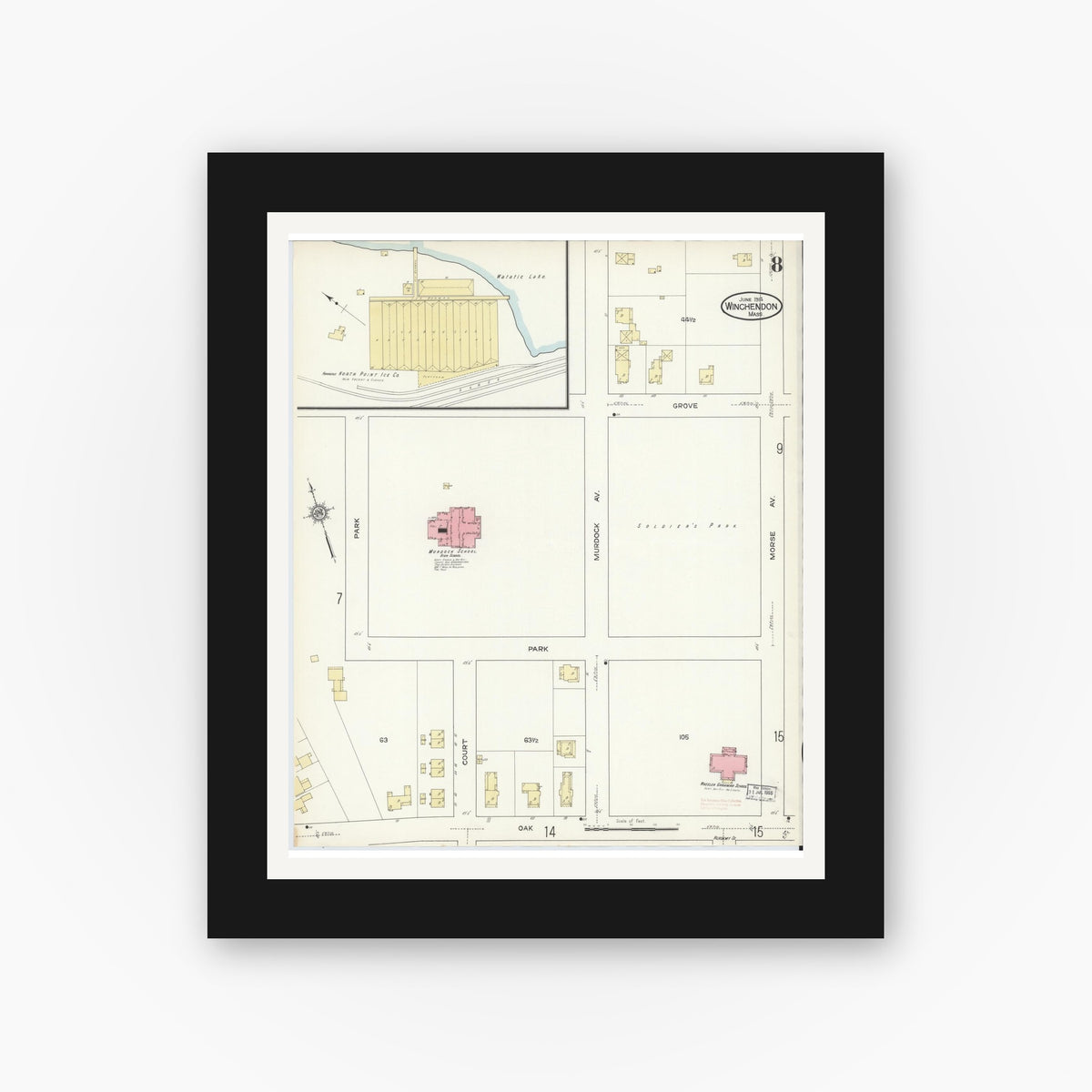 Old map wall art mockup — black gallery frame with white mat — Sanborn Fire Insurance Map from Winchendon, Worcester County, Massachusetts (1914), Sheet #0008