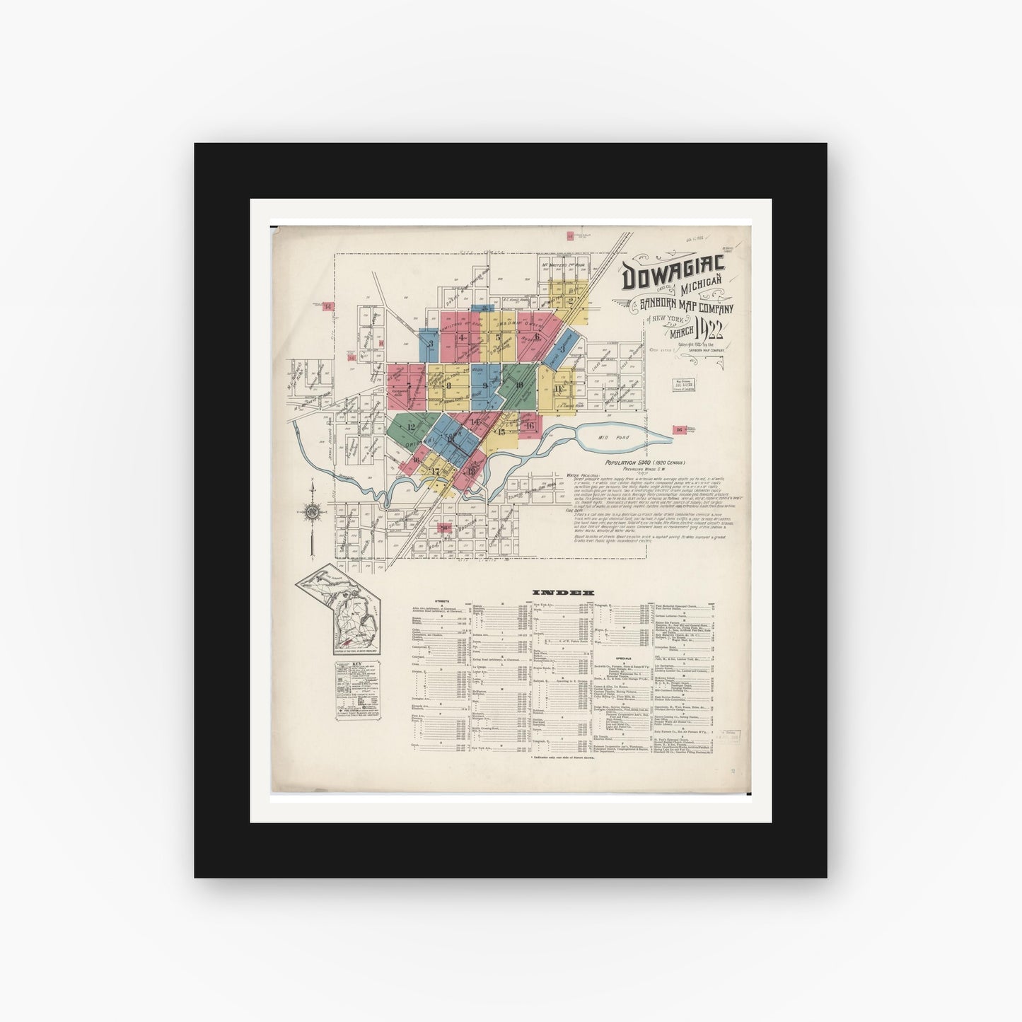 Old map wall art mockup — black gallery frame with white mat — Sanborn Fire Insurance Map from Dowagiac, Cass County, Michigan (1922) - Complete Map Set