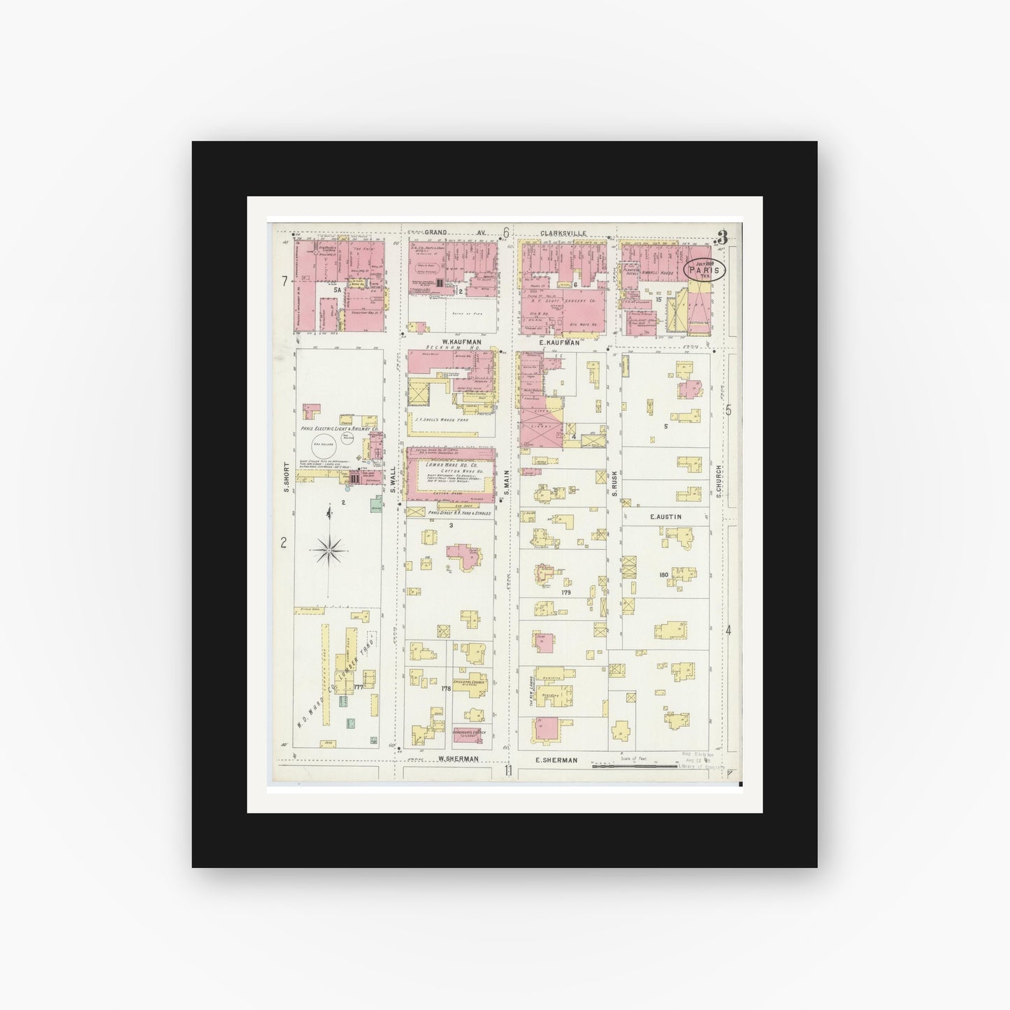 Old map wall art mockup — black gallery frame with white mat — Sanborn Fire Insurance Map from Paris, Lamar County, Texas (1897), Sheet #0003