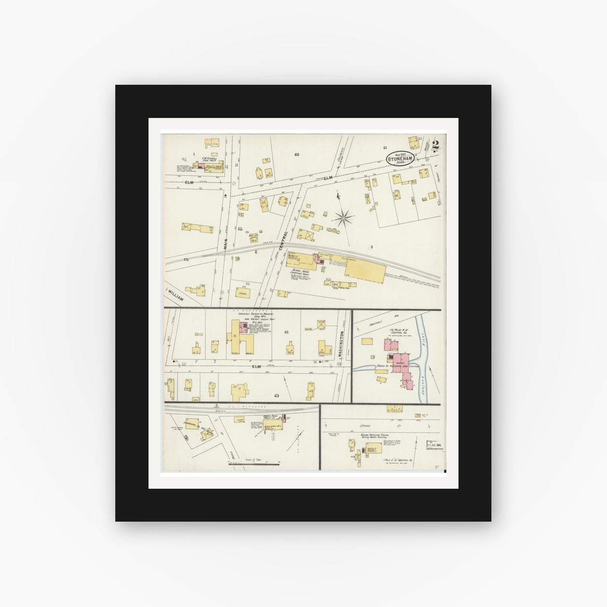 Old map wall art mockup — black gallery frame with white mat — Sanborn Fire Insurance Map from Stoneham, Middlesex County, Massachusetts (1897), Sheet #0002
