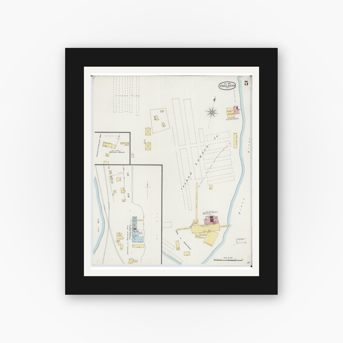 Old map wall art mockup — black gallery frame with white mat — Sanborn Fire Insurance Map from Onalaska, La Crosse County, Wisconsin (1894), Sheet #0005