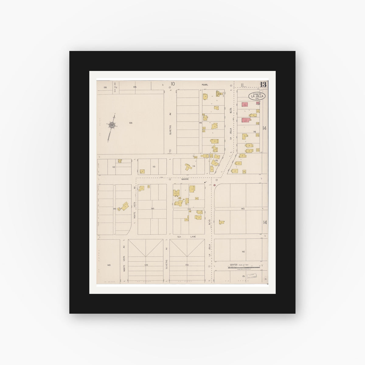 Old map wall art mockup — black gallery frame with white mat — Sanborn Fire Insurance Map from La Jolla, San Diego County, California (1921), Sheet #0013