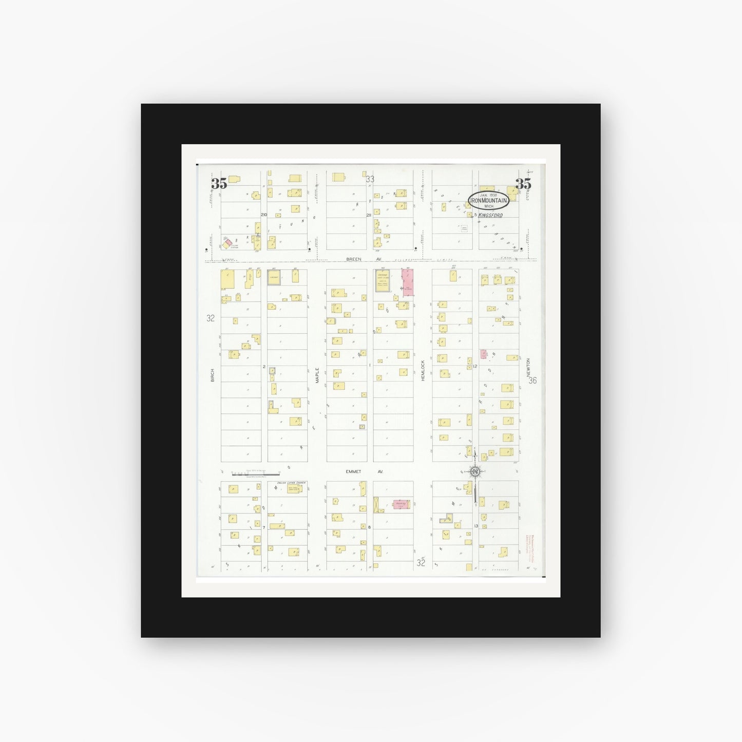 Old map wall art mockup — black gallery frame with white mat — Sanborn Fire Insurance Map from Iron Mountain, Dickinson County, Michigan (1930), Sheet #0035